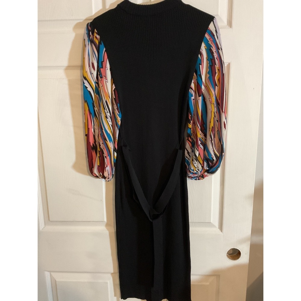 New York & Company Black Ribbed Knit Midi Dress Abstract Puff Sleeve Keyhole M - Picture 3 of 10